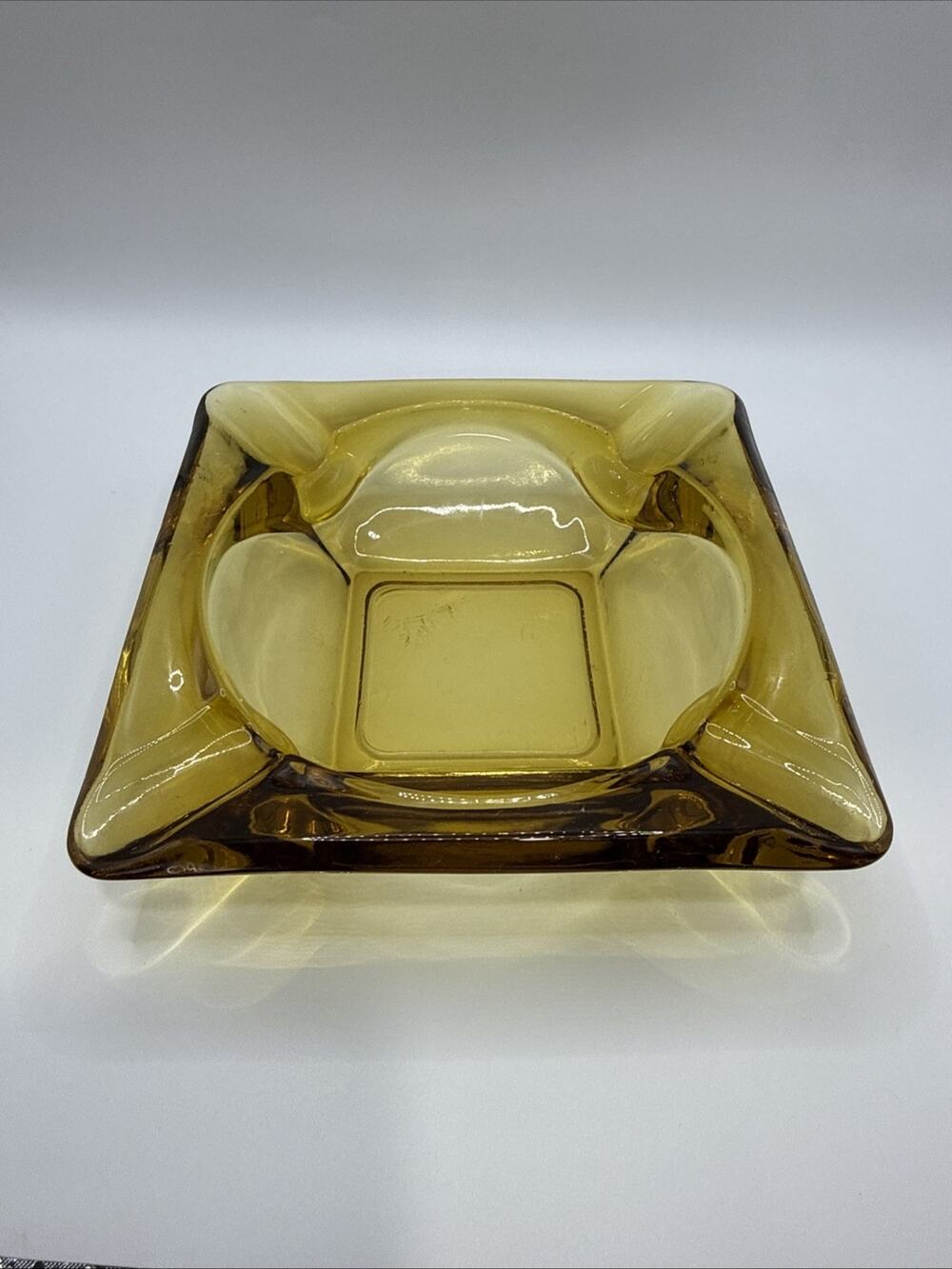 Vintage Amber Glass Cigar Ashtray Square Mid Century Modern Heavy 1.25LB 5.75In